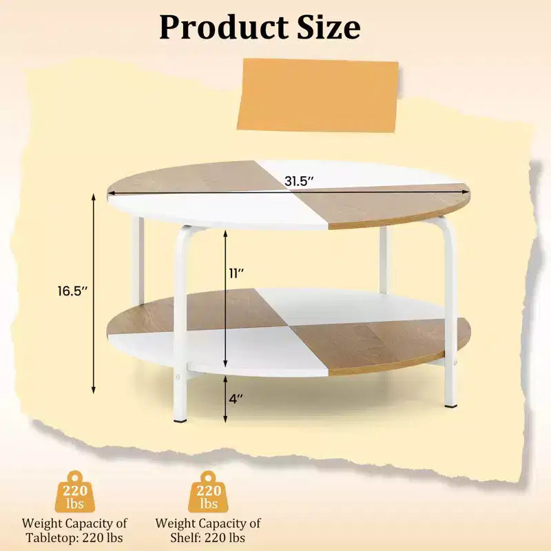 Costway Table basse ronde à 2 niveaux avec étagère de rangement et cadre en métal pour salon/appartement, blanc et marron
