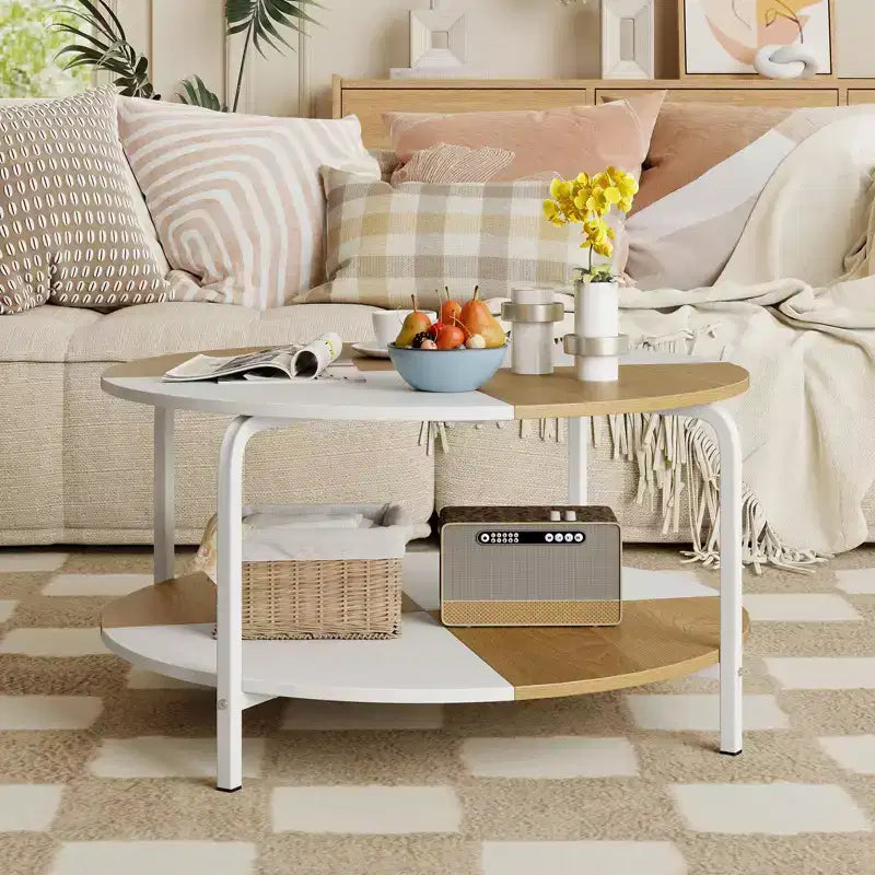 Costway Table basse ronde à 2 niveaux avec étagère de rangement et cadre en métal pour salon/appartement, blanc et marron