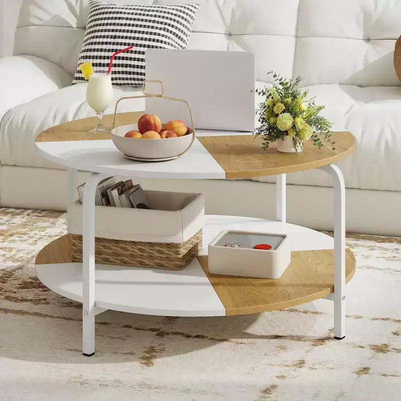 Costway Table basse ronde à 2 niveaux avec étagère de rangement et cadre en métal pour salon/appartement, blanc et marron