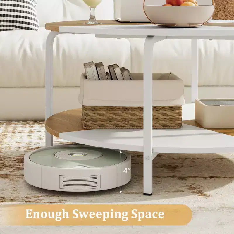 Costway Table basse ronde à 2 niveaux avec étagère de rangement et cadre en métal pour salon/appartement, blanc et marron