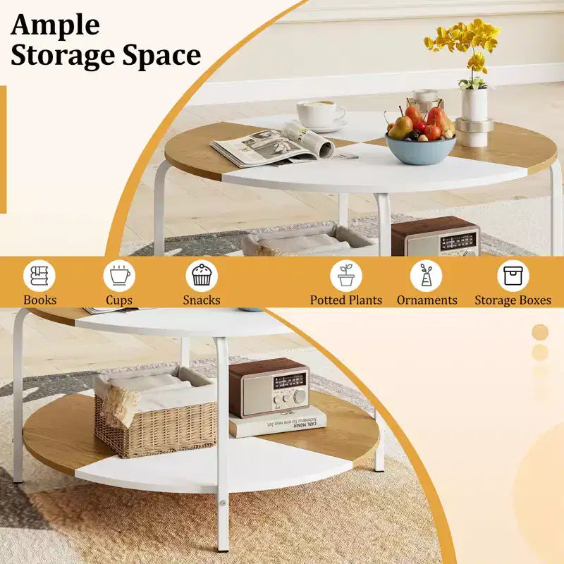Costway Table basse ronde à 2 niveaux avec étagère de rangement et cadre en métal pour salon/appartement, blanc et marron