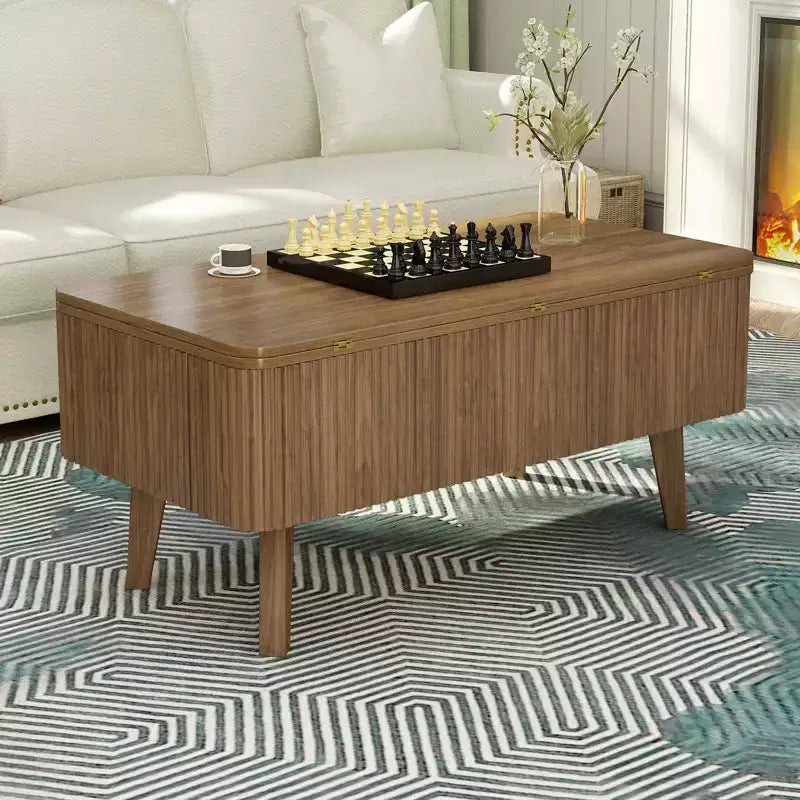 Table basse rectangulaire moderne 3 en 1 en bois cannelé GDFStudio Yuchen avec plateau relevable et rangement dissimulé