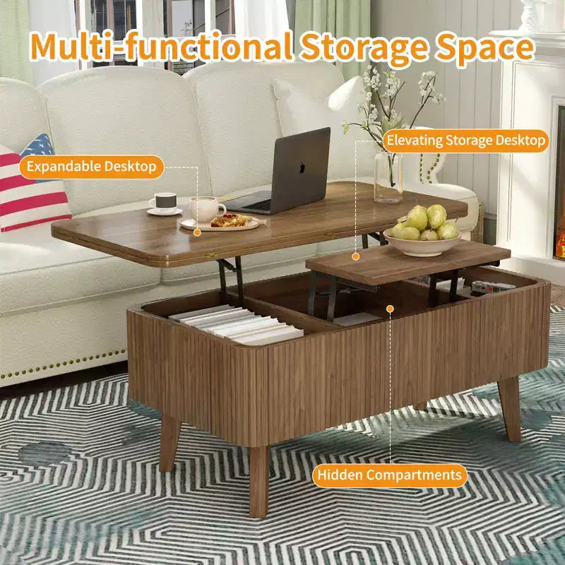Table basse rectangulaire moderne 3 en 1 en bois cannelé GDFStudio Yuchen avec plateau relevable et rangement dissimulé