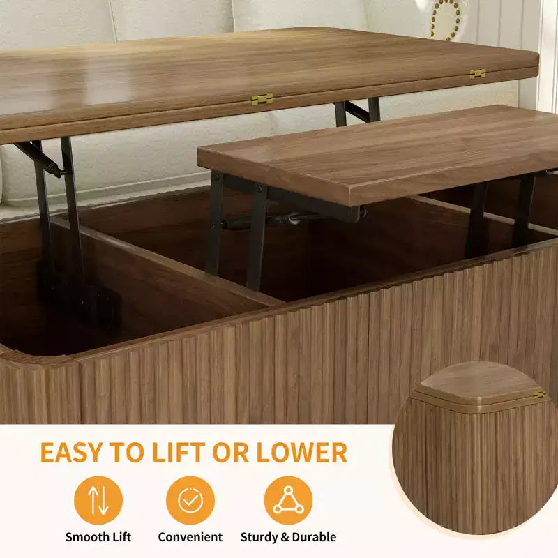 Table basse rectangulaire moderne 3 en 1 en bois cannelé GDFStudio Yuchen avec plateau relevable et rangement dissimulé