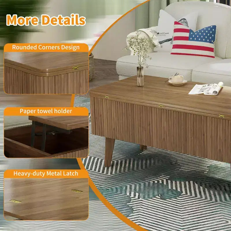 Table basse rectangulaire moderne 3 en 1 en bois cannelé GDFStudio Yuchen avec plateau relevable et rangement dissimulé