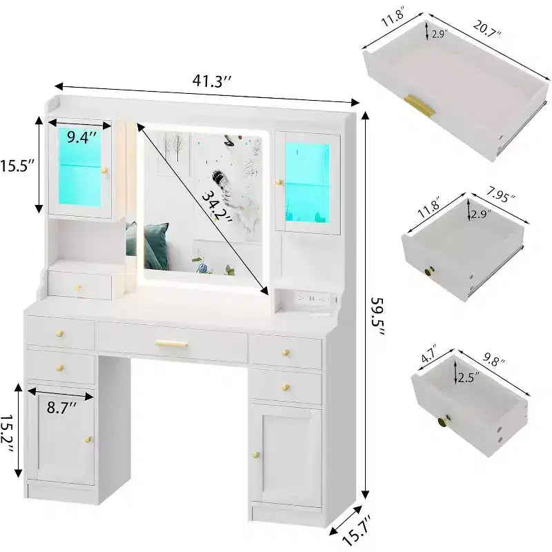 BALHAM TRADE – Coiffeuse avec miroir et ensemble avec armoires et tiroirs RGB 3 modes d'éclairage LED