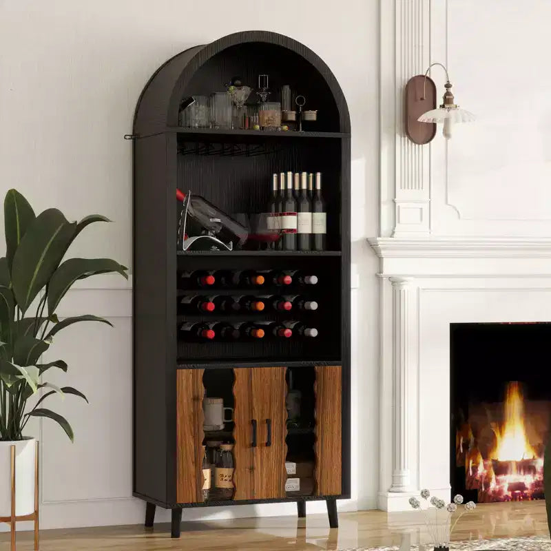 Meuble de Bar 71, Vitrine Arc de Ferme, Meuble Arc Noir et Bar à Café, Support à Whisky avec Porte-Bouteilles et Porte-Verres pour Salon/Salle à Manger