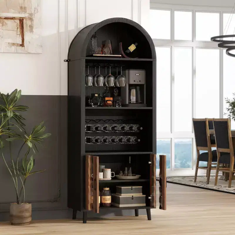 Meuble de Bar 71, Vitrine Arc de Ferme, Meuble Arc Noir et Bar à Café, Support à Whisky avec Porte-Bouteilles et Porte-Verres pour Salon/Salle à Manger