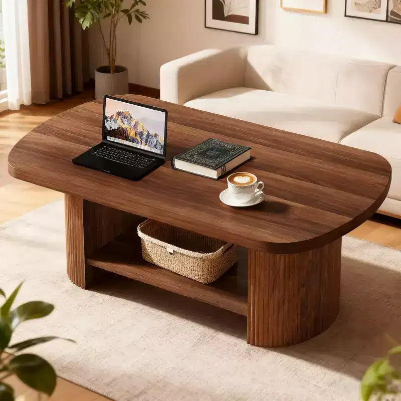 Lantine Table basse ovale de 45,27 pouces, table centrale à 2 niveaux de style milieu de siècle avec étagère de rangement et double base en bois pour salon, chambre à coucher, marron rustique