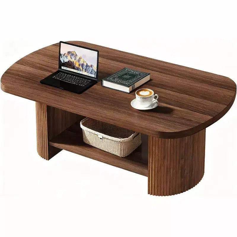 Lantine Table basse ovale de 45,27 pouces, table centrale à 2 niveaux de style milieu de siècle avec étagère de rangement et double base en bois pour salon, chambre à coucher, marron rustique