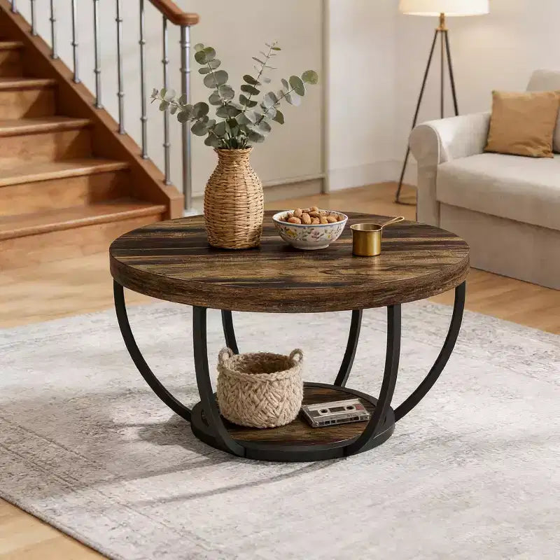 Table Basse Ronde Lantine de 32 Pouces, Table Centrale en Bois à 2 Niveaux Style Ferme avec Étagères de Rangement Ouvertes pour Salon, Marron Rustique