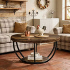 Table Basse Ronde Lantine de 32 Pouces, Table Centrale en Bois à 2 Niveaux Style Ferme avec Étagères de Rangement Ouvertes pour Salon, Marron Rustique