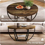 Table Basse Ronde Lantine de 32 Pouces, Table Centrale en Bois à 2 Niveaux Style Ferme avec Étagères de Rangement Ouvertes pour Salon, Marron Rustique