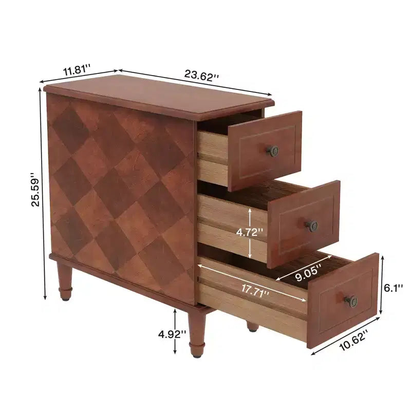 MAYEERTY Table de chevet en bois entièrement assemblée, Table d'appoint étroite à 3 tiroirs pour chambre à coucher