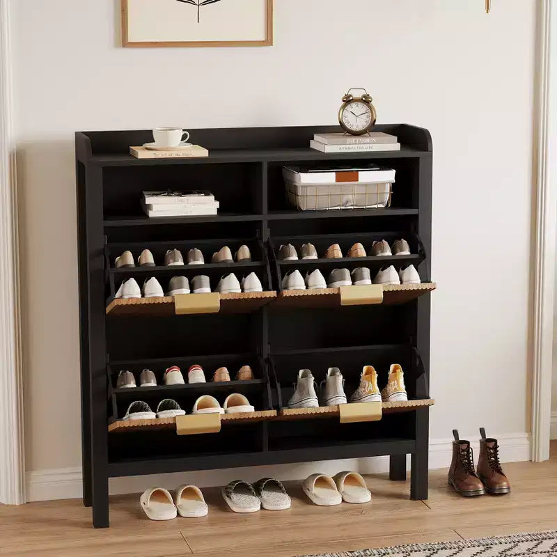 Meuble à chaussures avec 4 tiroirs basculants, Organiseur de chaussures étroit cannelé avec pieds, Armoire dissimulée autoportante pour entrée et couloir