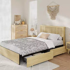 Queen Bed Frame with Rattan Headboard, Sturdy Metal Platform and Wooden Slats, No Box Spring Needed