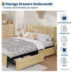 Cadre de lit Queen Size avec tête de lit en rotin, plateforme en métal robuste et lattes en bois, aucun sommier tapissier requis