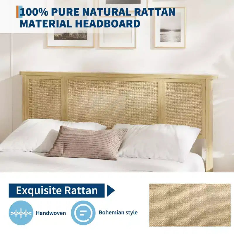 Cadre de lit Queen Size avec tête de lit en rotin, plateforme en métal robuste et lattes en bois, aucun sommier tapissier requis