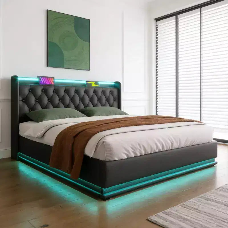 Lit rembourré Luxystar King Size avec rangement hydraulique, lumières RGB, ports USB et Type-C