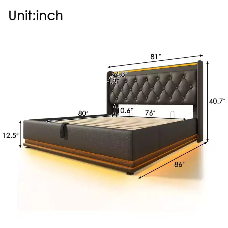 Lit rembourré Luxystar King Size avec rangement hydraulique, lumières RGB, ports USB et Type-C