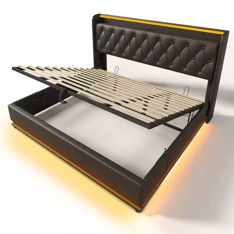 Lit rembourré Luxystar King Size avec rangement hydraulique, lumières RGB, ports USB et Type-C