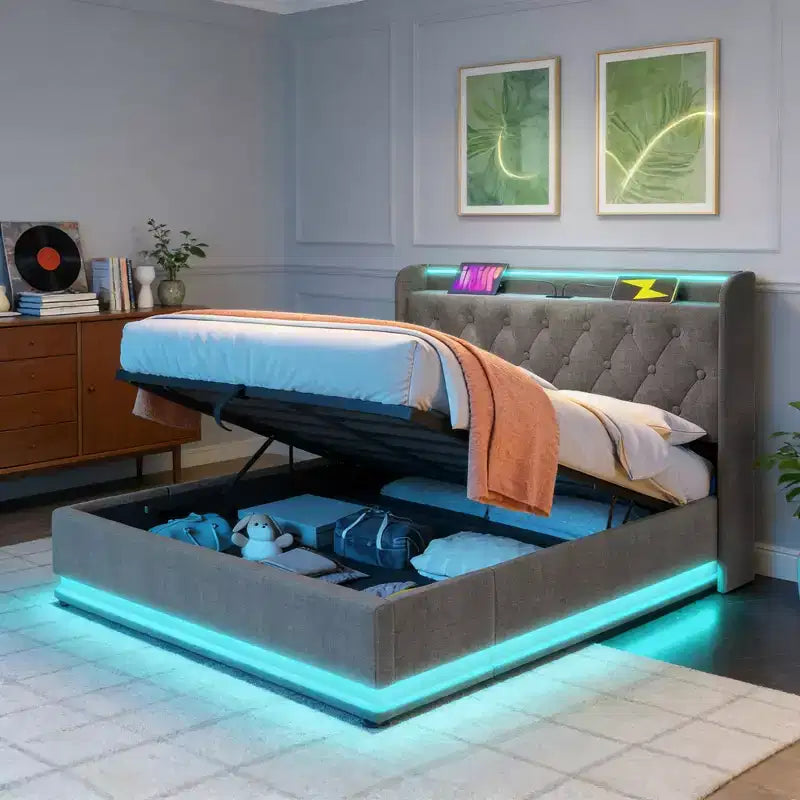 Lit rembourré Luxystar King Size avec rangement hydraulique, lumières RGB, ports USB et Type-C