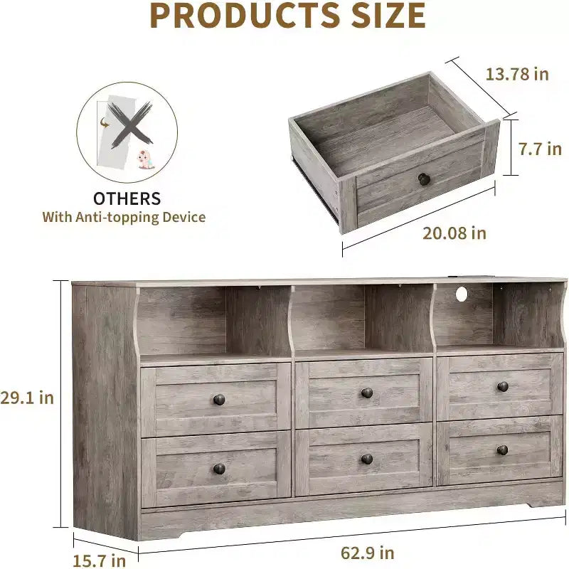 Commode 6 tiroirs de 160 cm avec lumières RGB et prise de courant, commode en bois avec étagères ouvertes, pour salon, chambre, entrée