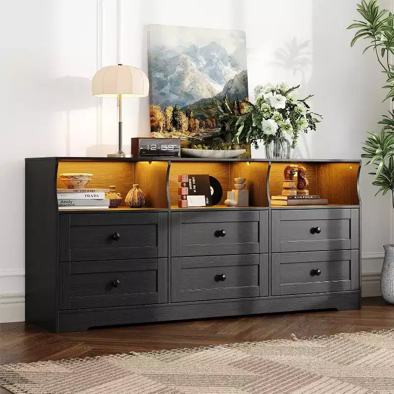 Commode 6 tiroirs de 160 cm avec lumières RGB et prise de courant, commode en bois avec étagères ouvertes, pour salon, chambre, entrée