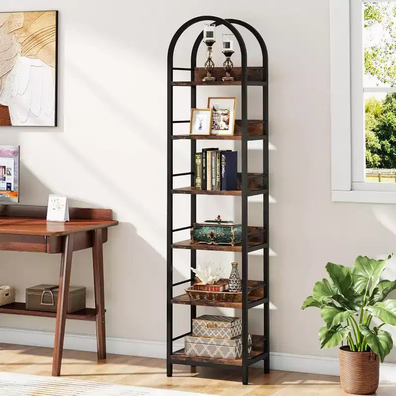 Lantine 78.7 Tall Bookcase, 6-Tier Slim Bookshelf with Metal Frame, Industrial Narrow Book Shelf for Living Room, Study, Bedroom, Rustic Brown