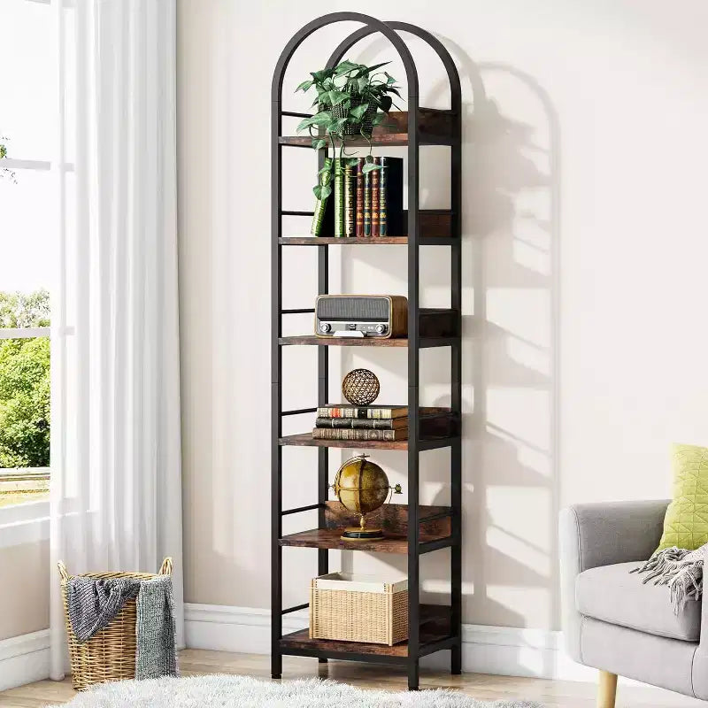 Bibliothèque haute Lantine 78.7, étagère fine à 6 niveaux avec cadre métallique, étagère étroite industrielle pour salon, bureau, chambre à coucher, marron rustique
