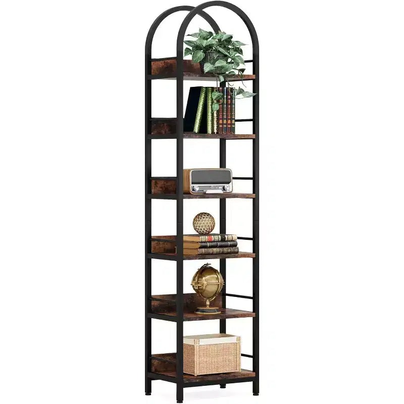 Bibliothèque haute Lantine 78.7, étagère fine à 6 niveaux avec cadre métallique, étagère étroite industrielle pour salon, bureau, chambre à coucher, marron rustique