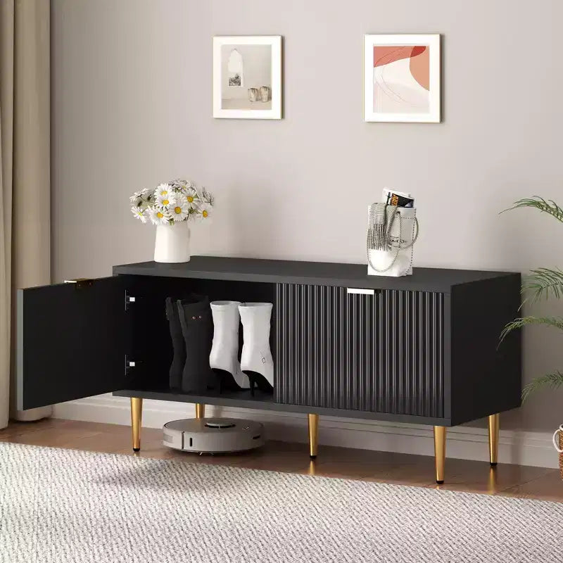 Meuble à chaussures, banc d'entrée Meuble de rangement à chaussures moderne cannelé à 2 portes pour le couloir, le salon, la chambre à coucher