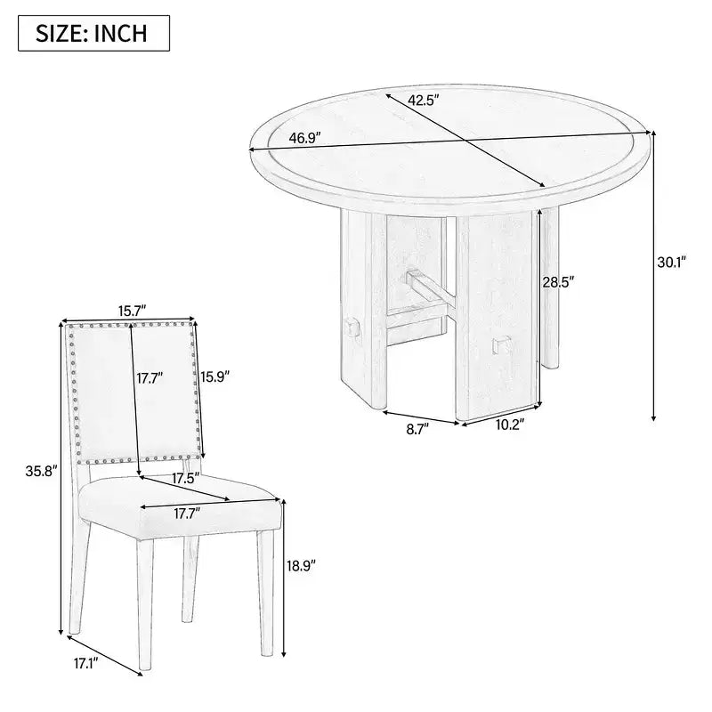 Table à manger ronde 5 pièces Whisen style ferme avec 4 chaises rembourrées en bois massif, ensemble pour 4 personnes
