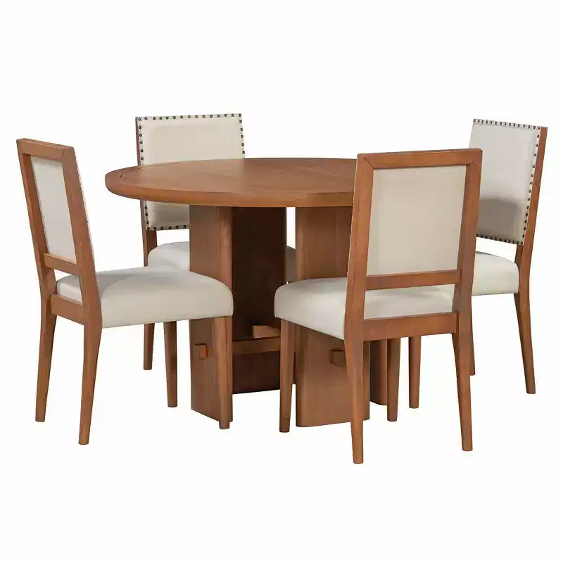 Table à manger ronde 5 pièces Whisen style ferme avec 4 chaises rembourrées en bois massif, ensemble pour 4 personnes