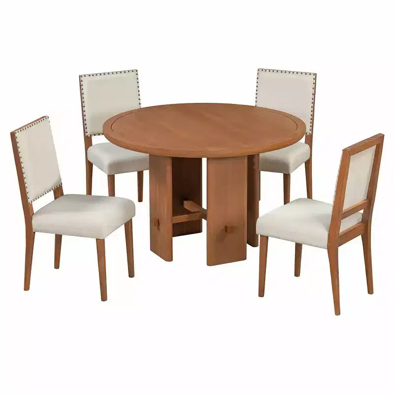 Table à manger ronde 5 pièces Whisen style ferme avec 4 chaises rembourrées en bois massif, ensemble pour 4 personnes