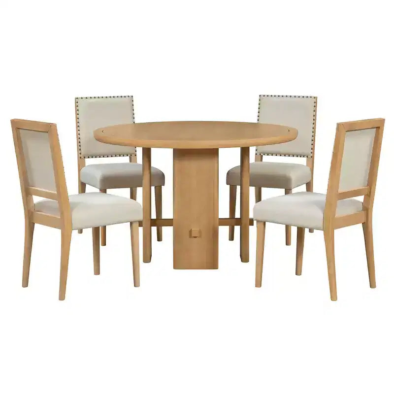 Table à manger ronde 5 pièces Whisen style ferme avec 4 chaises rembourrées en bois massif, ensemble pour 4 personnes