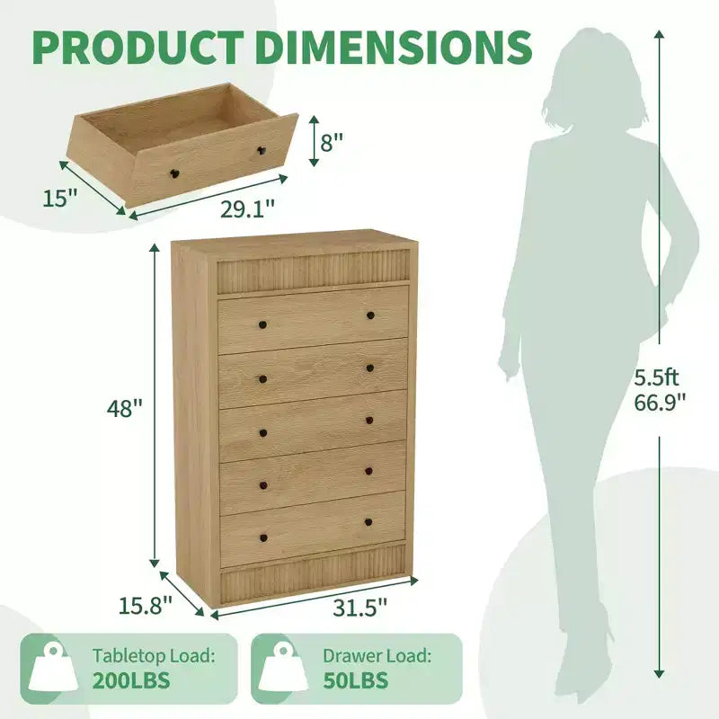 Commode de rangement moderne avec 5 tiroirs, armoire de rangement en bois pour chambre à coucher, chambre d'enfant, couloir, salon, chêne naturel 5 seaux