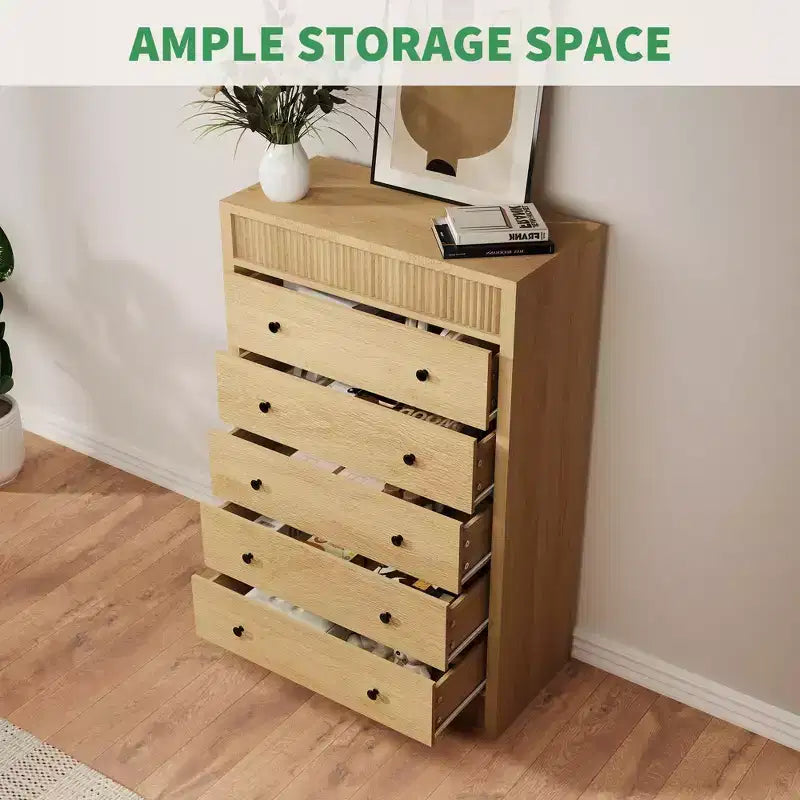 Commode de rangement moderne avec 5 tiroirs, armoire de rangement en bois pour chambre à coucher, chambre d'enfant, couloir, salon, chêne naturel 5 seaux