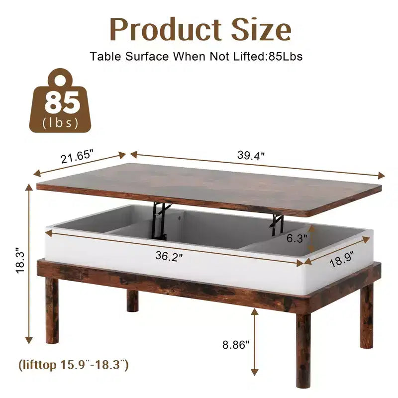 Table basse Celebalcony, table basse relevable avec compartiment de rangement, table de salle à manger relevable, pour salon, bureau et maison