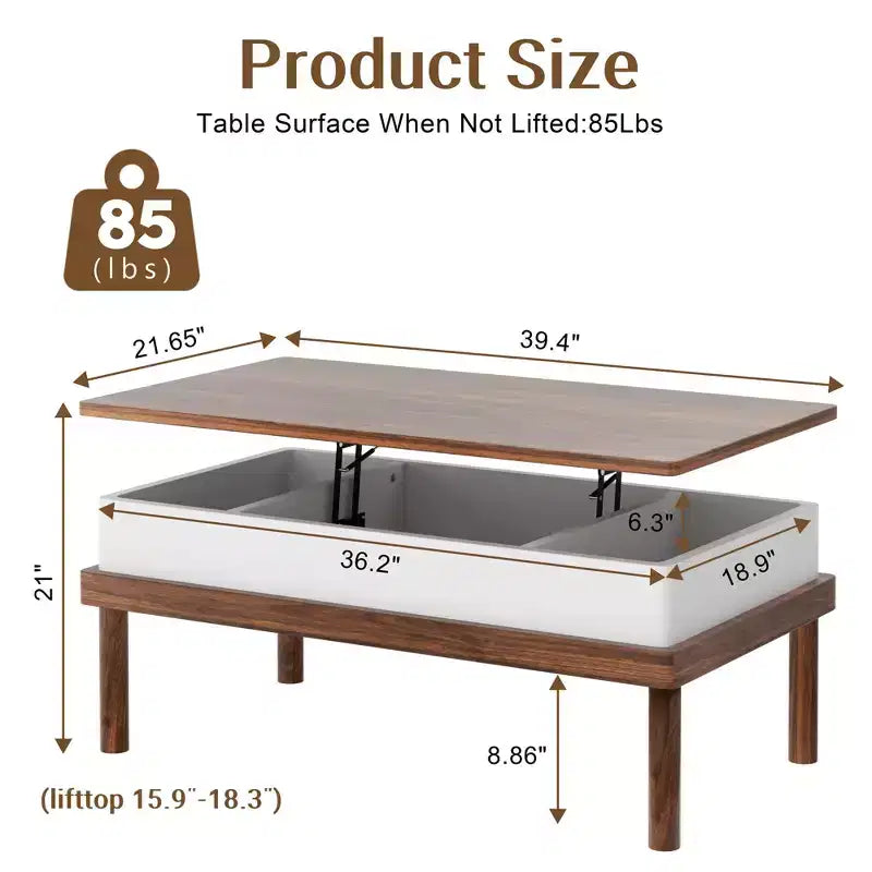 Table basse Celebalcony, table basse relevable avec compartiment de rangement, table de salle à manger relevable, pour salon, bureau et maison