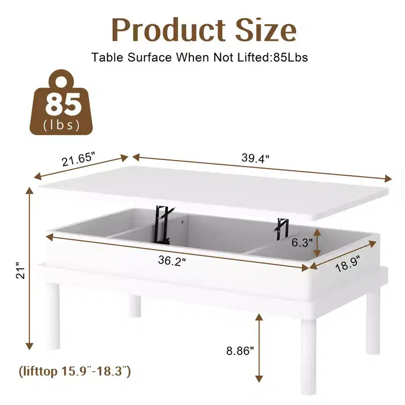 Table basse Celebalcony, table basse relevable avec compartiment de rangement, table de salle à manger relevable, pour salon, bureau et maison