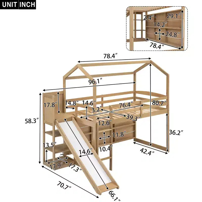 Lit de style maison Bellemave avec toboggan, cadre peu encombrant avec étagère et tablettes de rangement intégrées.