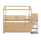 Lit de style maison Bellemave avec toboggan, cadre peu encombrant avec étagère et tablettes de rangement intégrées.