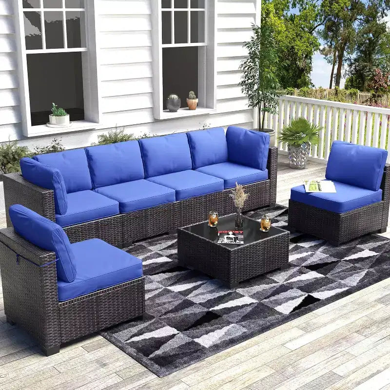 6-Piece All-Weather Rattan Sectional Sofa Set with Glass Top Coffee Table  Patio Conversation Set for Outdoor Living