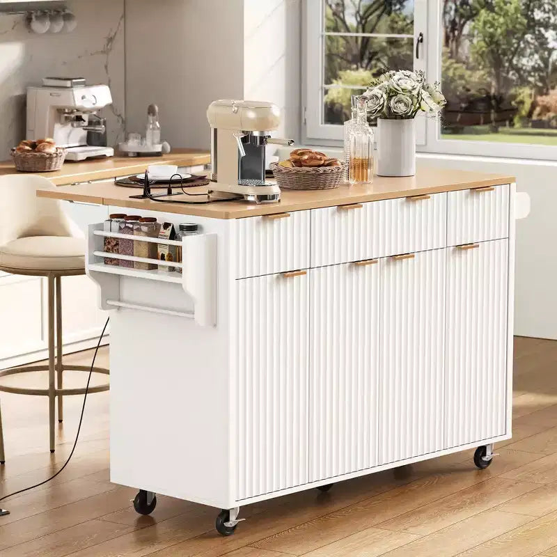 Chariot d'îlot de cuisine cannelé Whisen 55,5, table d'îlot roulante avec abattant, 4 portes et 3 tiroirs