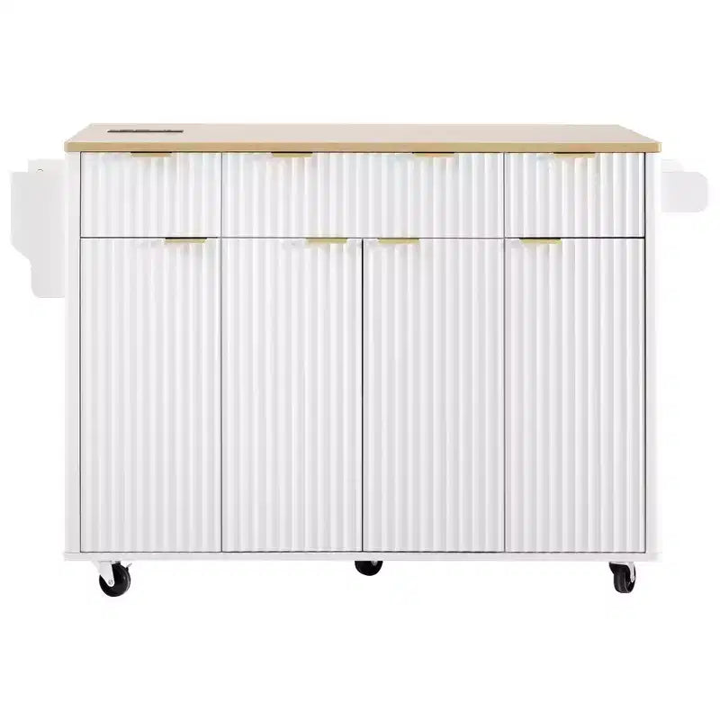 Chariot d'îlot de cuisine cannelé Whisen 55,5, table d'îlot roulante avec abattant, 4 portes et 3 tiroirs