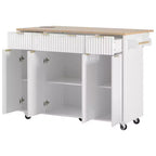 Chariot d'îlot de cuisine cannelé Whisen 55,5, table d'îlot roulante avec abattant, 4 portes et 3 tiroirs