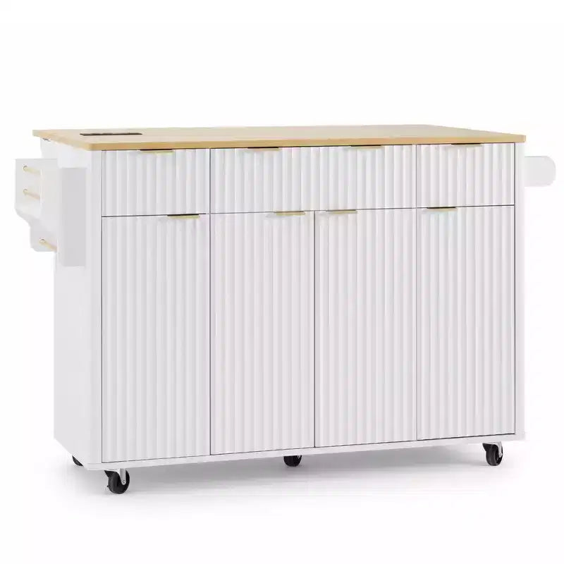 Chariot d'îlot de cuisine cannelé Whisen 55,5, table d'îlot roulante avec abattant, 4 portes et 3 tiroirs