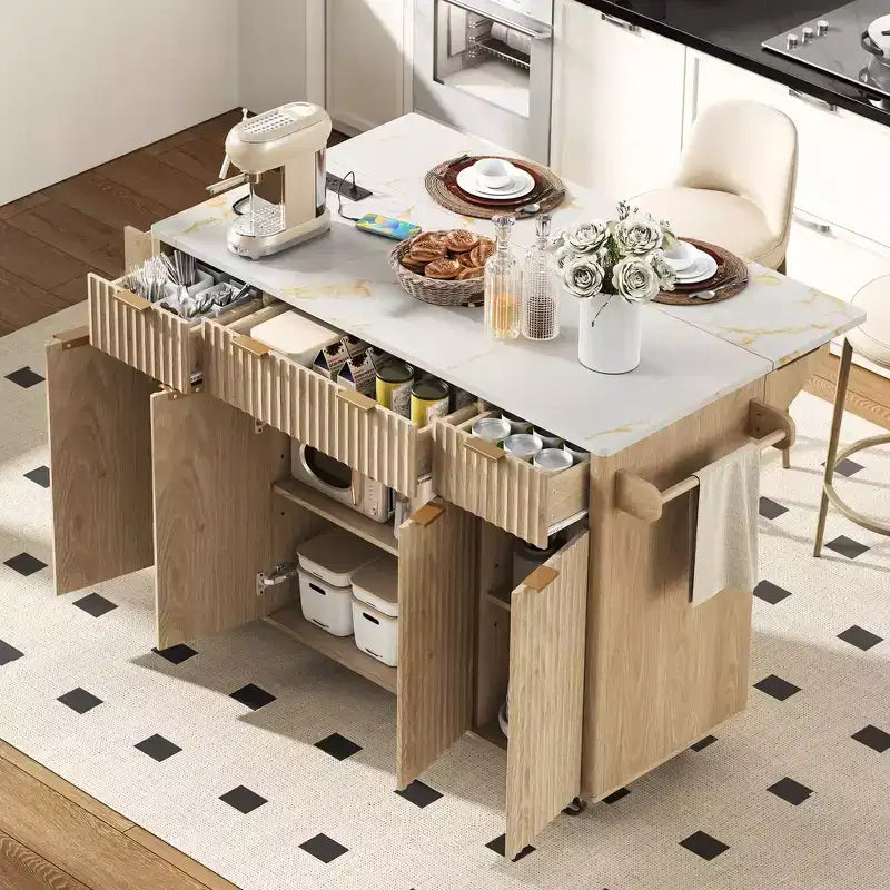 Whisen 55.5 Fluted Kitchen Island Cart, Rolling Island Table with Drop Leaf, 4 Doors and 3 Drawers