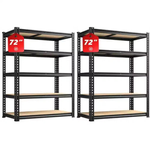 2 PCS Steel Boltless Storage Shelf, 5-Tier Adjustable Wooden Board,